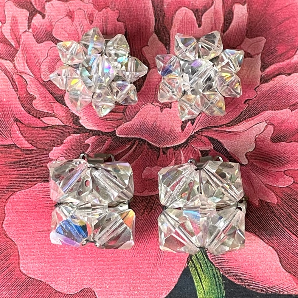 2 pairs of vintage AB crystal clip-on earrings w/ octahedron shapes unmarked